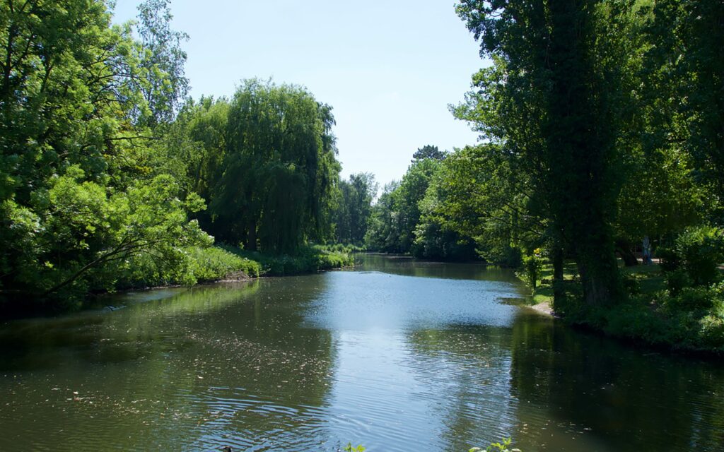 Blick auf das Frederica Ufer in der Nähe vom Aawiesenpark.