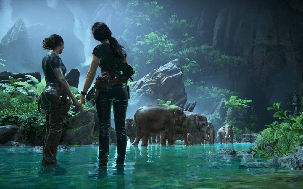 Eine Elefantenherde in den Ruinen.